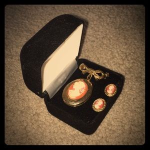 Pink cameo brooch and earrings set